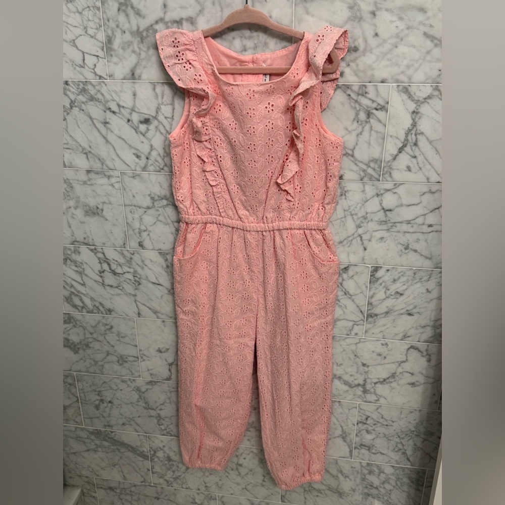 Janie and Jack Pink Eyelet Ruffle Jumpsuit for Kids, size 5. NWT
